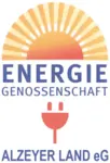 Das Logo der Energiegenossenschaft Alzeyer Land eG - Im oberen Teil des Logos dominiert ein Piktogramm einer halben Sonne, im unteren Bereich findet sich die Abbildung eines Stromsteckers